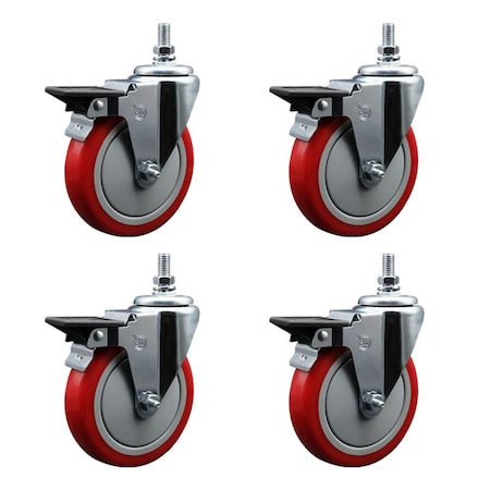 Service Caster 5 Inch Red Polyurethane 12 Inch Threaded Stem Caster Set with Brake SCC-TS20S514-PPUB-RED-PLB-121315-4
